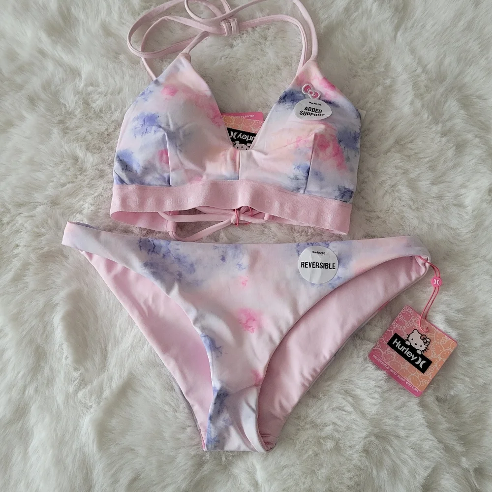 🐳HURLEY HELLO KITTY ADJUSTABLE SURF TOP AND REVERSIBLE BOTTOM SIZE S